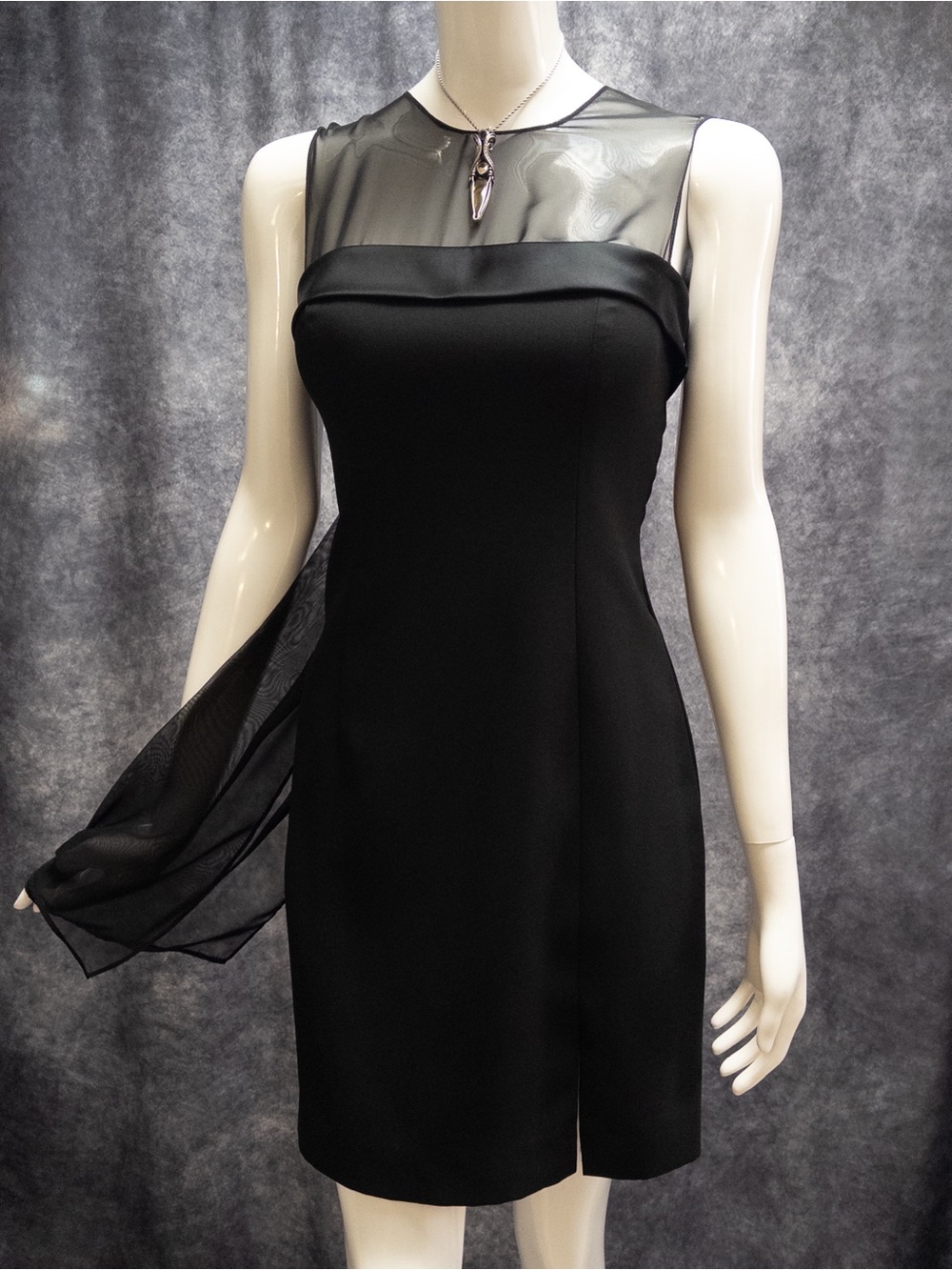Vtg Y2K Ever Beauty 90s Black Sheer Illusions Neckline‎ Dress, Chiffon Bow, Sz 4